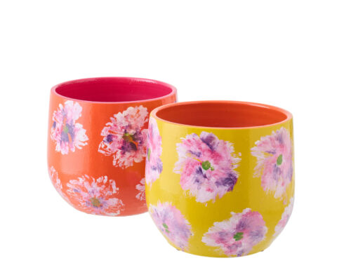 Set van 2 Kennar keramische bloempotten in geel en oranje met bloemenprint, H20 cm