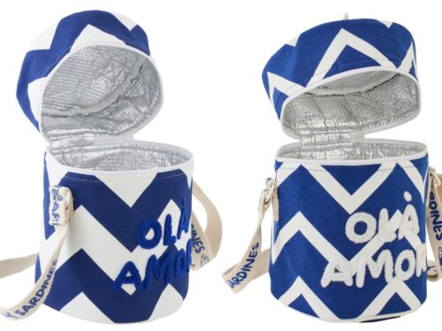 Lunchtas Skoovy Katoen wit set van 2 met blauw-wit zigzagpatroon en geïsoleerde binnenkant