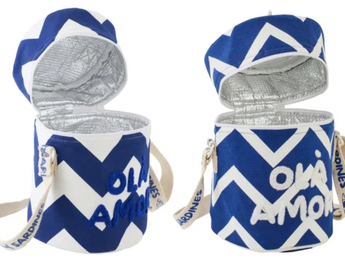 Lunchtas Skoovy Katoen wit set van 2 met blauw-wit zigzagpatroon en geïsoleerde binnenkant