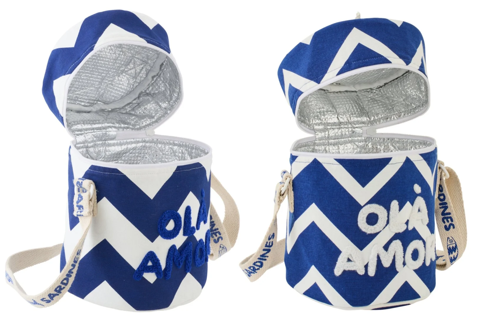 Lunchtas Skoovy Katoen wit set van 2 met blauw-wit zigzagpatroon en geïsoleerde binnenkant