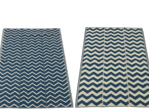 Woonaccessoire Stormik wit, set van 2 strandmatten met blauw-wit zigzagpatroon en geweven textuur