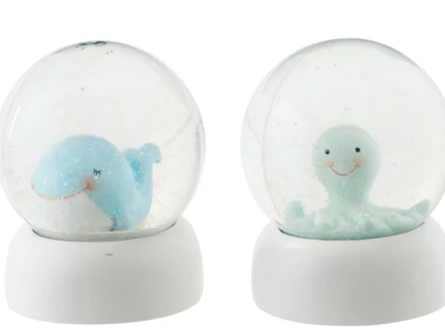 Baardella polyresin blauwe sneeuwbollen set van 2 met speelse dierfiguren en glittersysteem