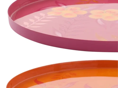 Set van 2 Peiten metalen dienbladen in roze en oranje met bloemprint en ronde vorm