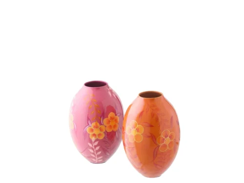 Set van 2 Kloodura metalen vazen in roze en oranje met bloemprint, compact en stijlvol