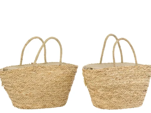 Kunstbloem Tirdura zeegras naturel set van 2, handgevlochten decoratieve manden met hengsels