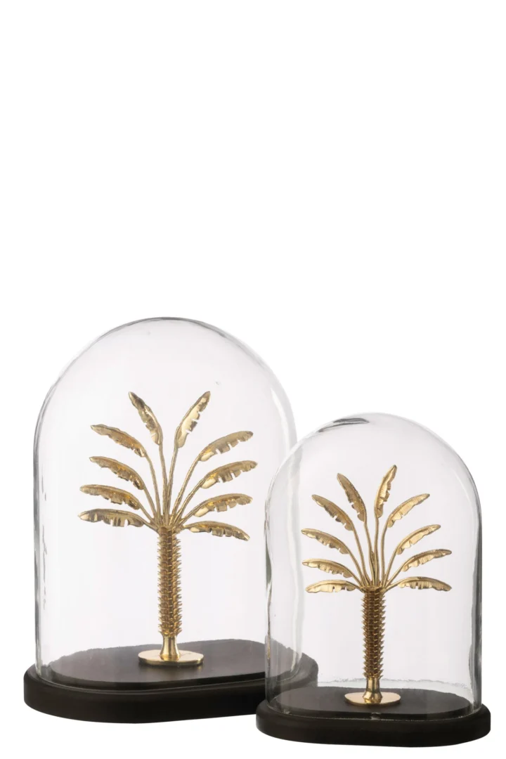 Decoratie Kliendira Glas Goud stolp met goudkleurige palmboom en zwarte voet, in twee maten zichtbaar