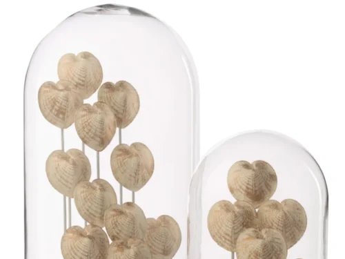 Decoratie Gaaroro Glas Brons stolp met hartvormige schelpmotieven onder glazen koepel op beige voet
