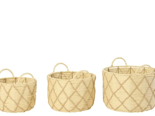 Mand Grerril Metaal Naturel set van 3, ronde beige manden met handgrepen en geruite geweven afwerking