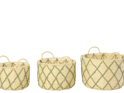 Mand Noolvano Papier naturel set van 3 ronde manden met geruit dessin en handgrepen in naturel groen