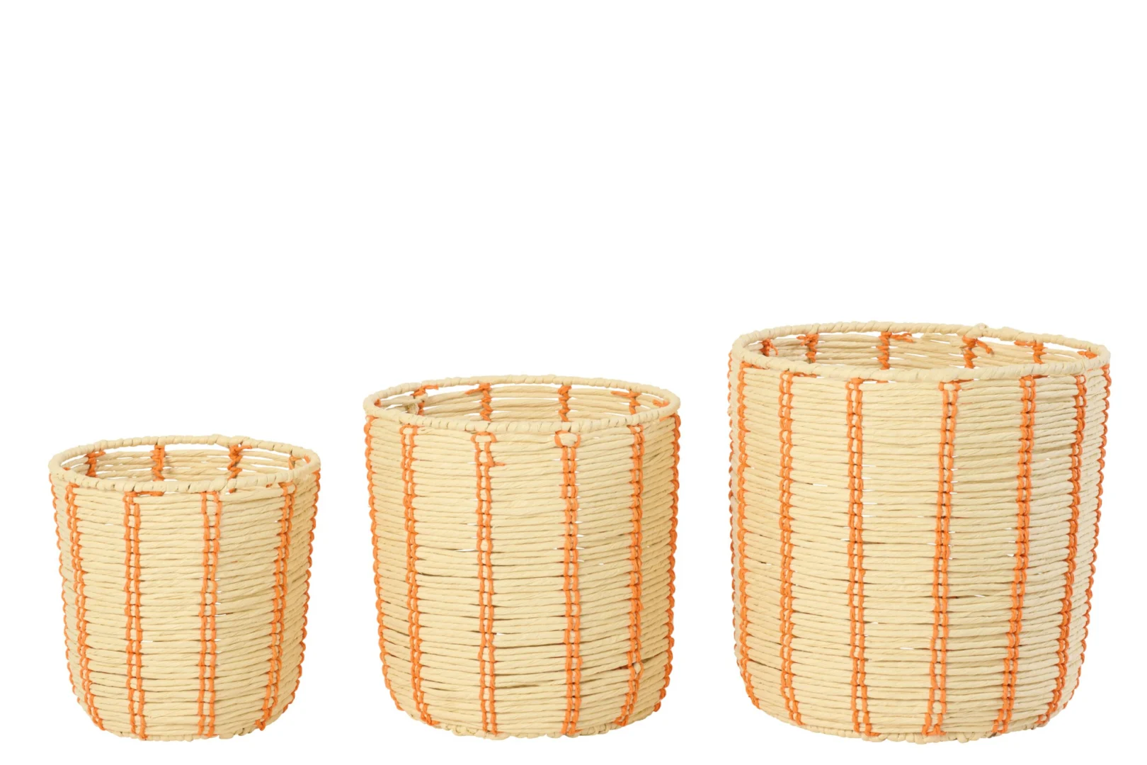 Mand Bimmar papier naturel set van 3 ronde manden met gestreepte afwerking in naturel en oranje detail