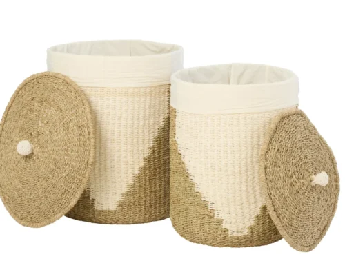 Mand Skunse Papier Wit set van 2 opbergmanden met deksel, zeegras en papier in wit naturel