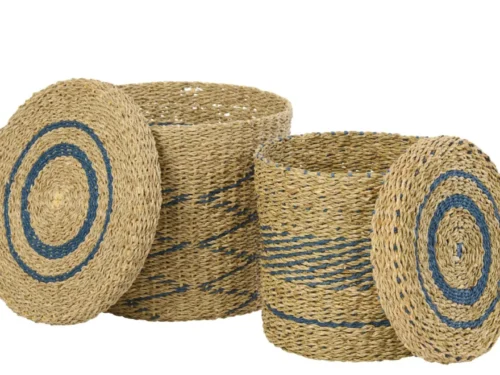 Mand Nerdu Papier Naturel set van 2 opbergmanden van gevlochten papier in naturel met blauwe accenten en deksel