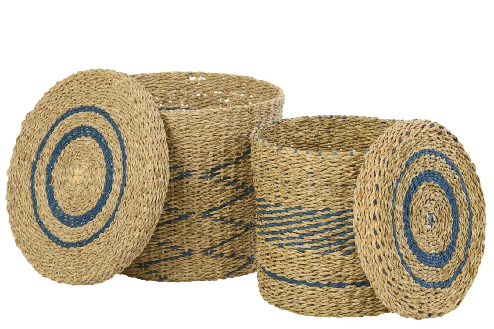 Mand Nerdu Papier Naturel set van 2 opbergmanden van gevlochten papier in naturel met blauwe accenten en deksel