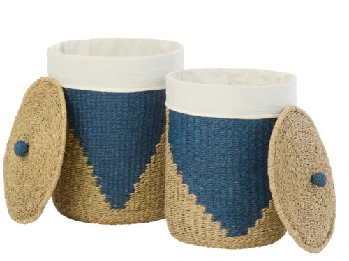 Mand Doran Papier Naturel set van 2 manden met deksel, zeegras en papier in naturel en blauw