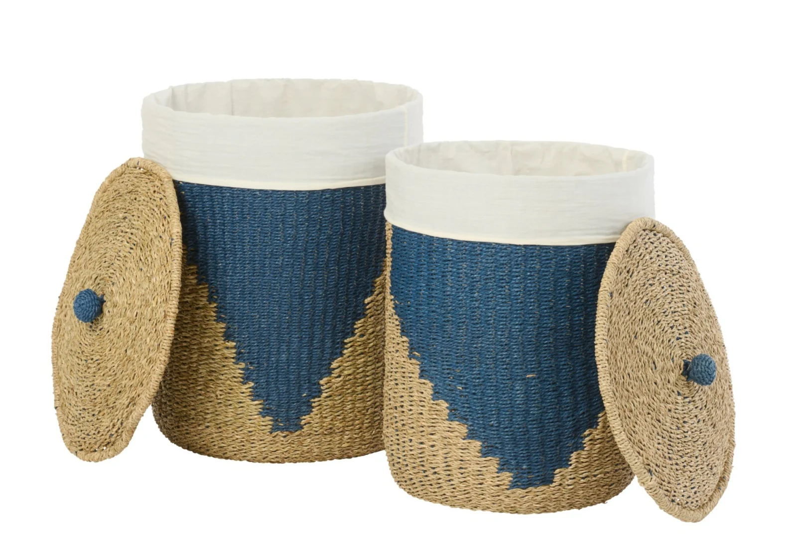 Mand Doran Papier Naturel set van 2 manden met deksel, zeegras en papier in naturel en blauw