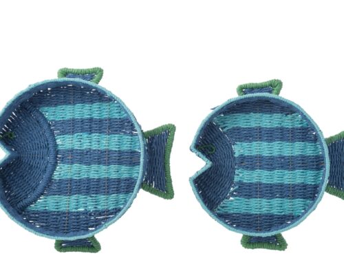 Dienblad Tienino Papier Blauw set van 2, visvormig met blauwe strepen en groene details