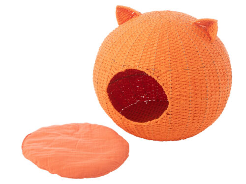 Kattenmand Naadena Papier Oranje met ronde vorm, kattenoortjes en zacht kussen, modern gevlochten design
