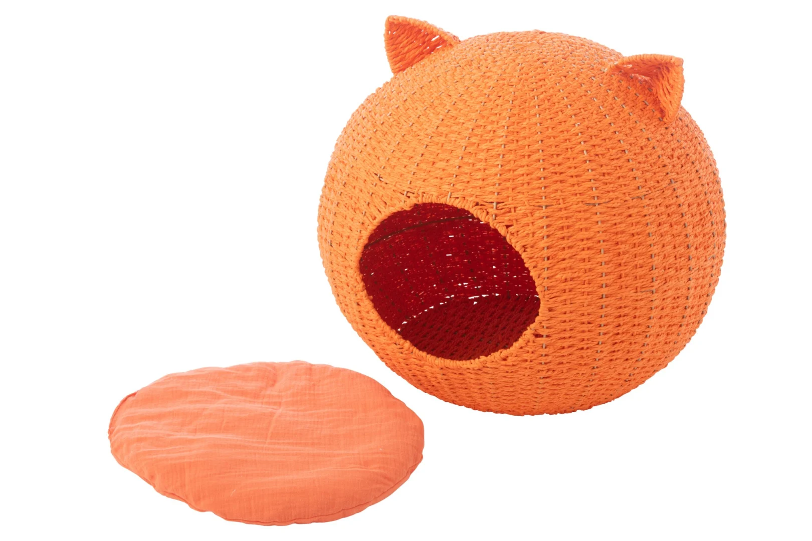 Kattenmand Naadena Papier Oranje met ronde vorm, kattenoortjes en zacht kussen, modern gevlochten design