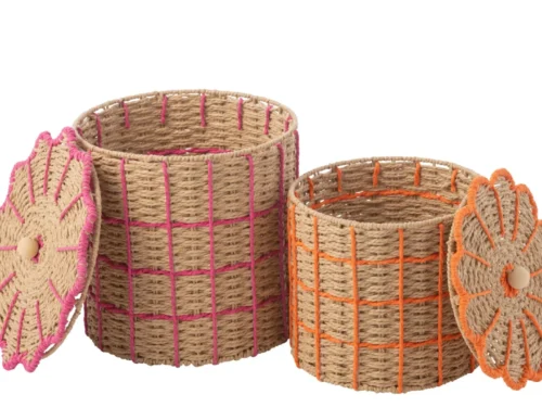 Mand Feinal Papier Roze set van 2: geweven opbergmanden met roze en oranje accenten, incl. deksels