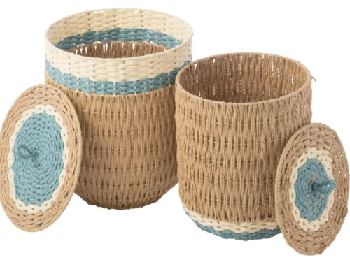 Mand Stauntone Papier Naturel set van 2 opbergmanden met deksel in naturel, beige en blauw