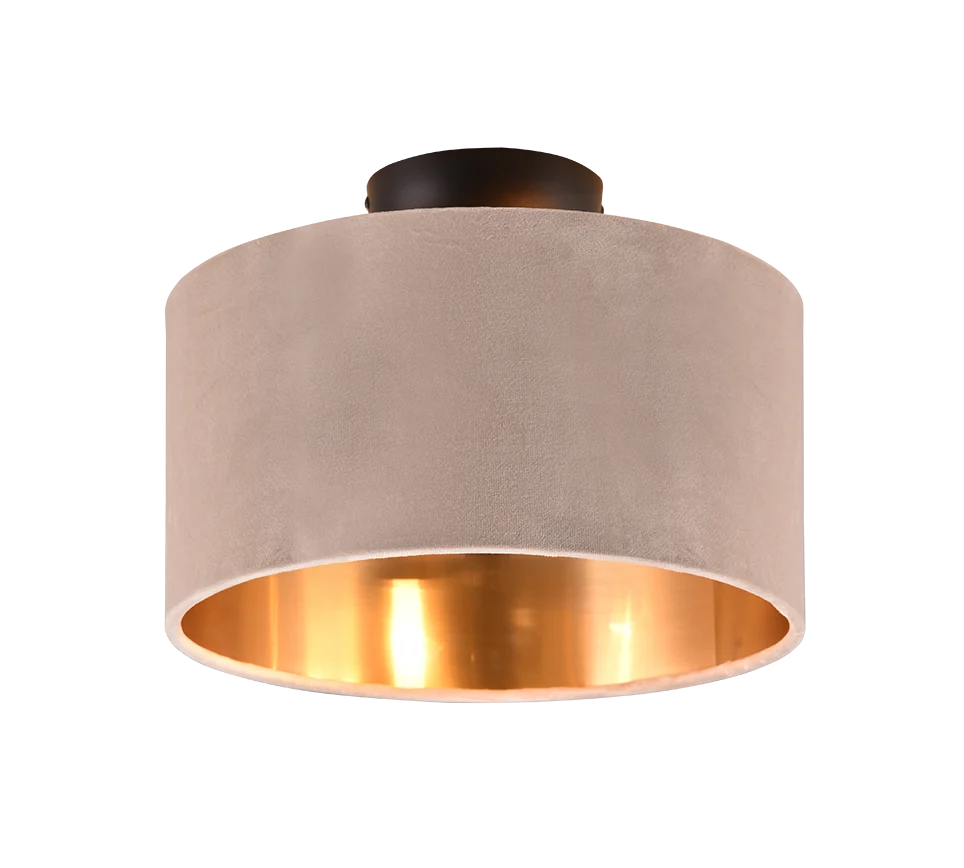 Skirman plafondlamp van beige velvet en textiel, ronde lampenkap met warme gouden binnenkant