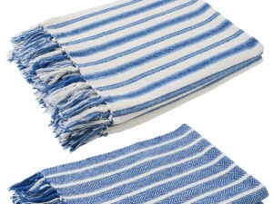 Plaid Klirnesta Wit set van 2, katoenen plaids met blauwe strepen en franjes