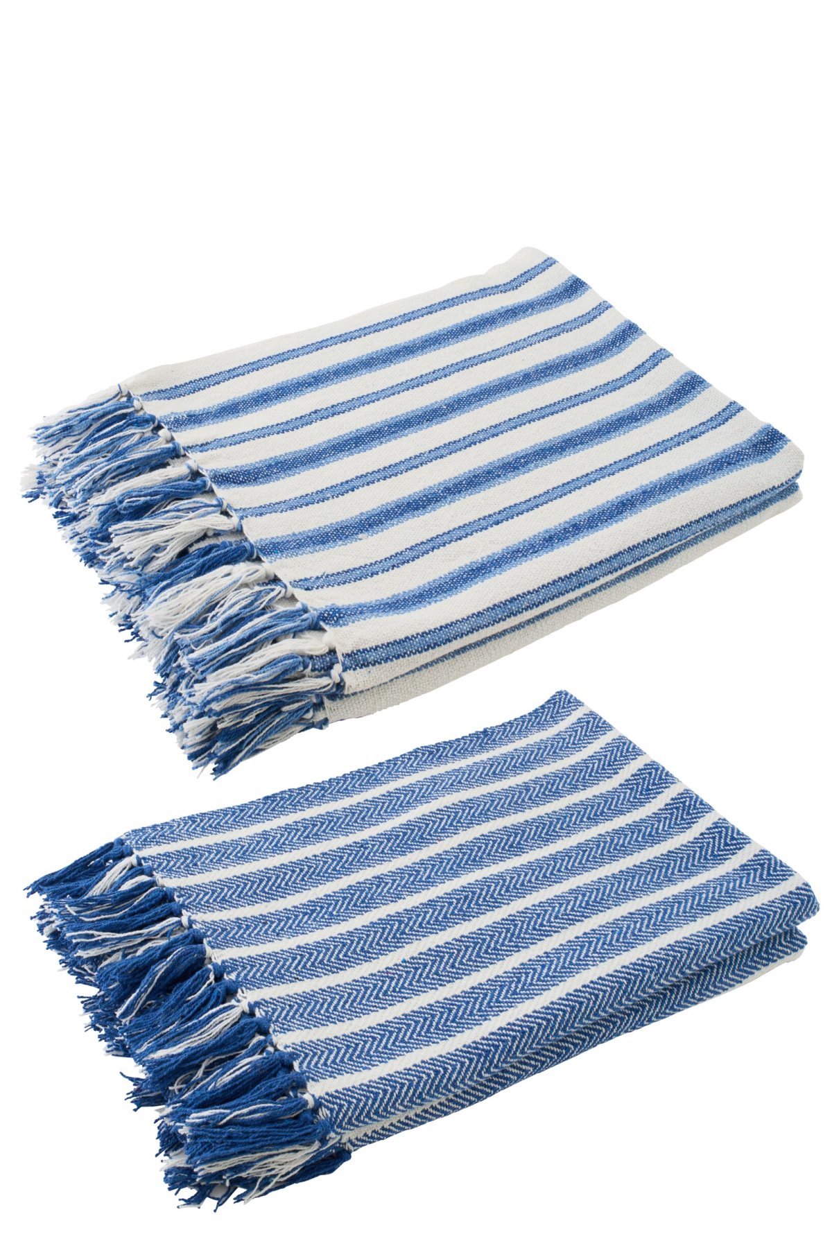 Plaid Klirnesta Wit set van 2, katoenen plaids met blauwe strepen en franjes
