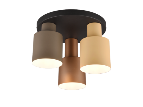 Plafondlamp Peerak met 3 cilindervormige spots in koffie, beige en taupe, moderne metalen uitstraling