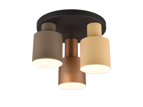 Plafondlamp Peerak met 3 cilindervormige spots in koffie, beige en taupe, moderne metalen uitstraling