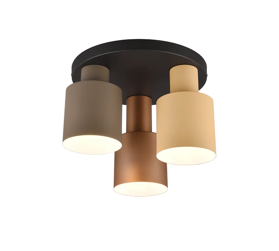 Plafondlamp Peerak met 3 cilindervormige spots in koffie, beige en taupe, moderne metalen uitstraling