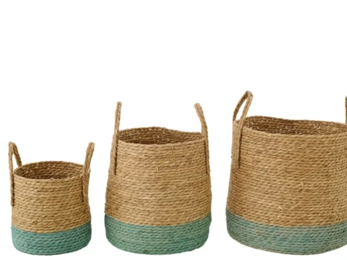 Mand Zaaline Bies Naturel set van 3 opbergmanden van rush met grijsgroene accenten en handvatten