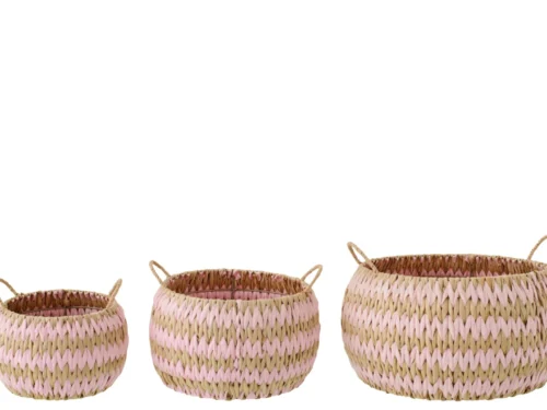 Mand Slessos Bies naturel, set van 3 ronde opbergmanden met handgrepen in bies en roze accentkleur
