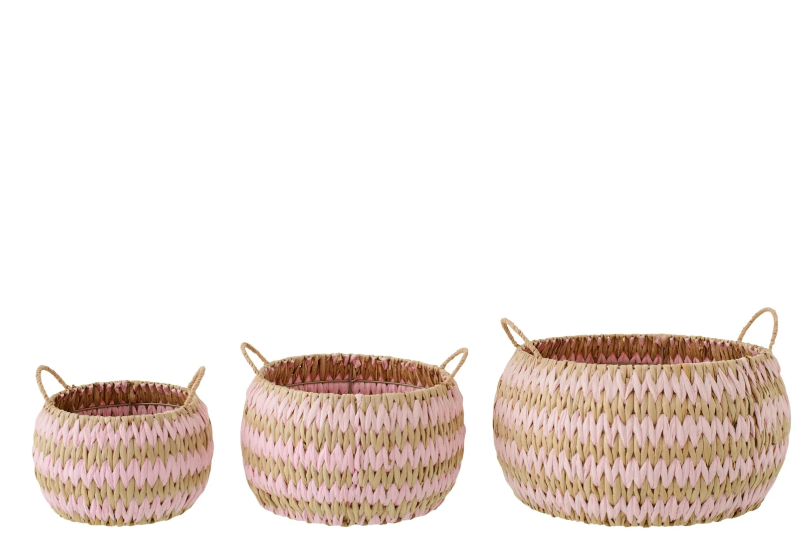 Mand Slessos Bies naturel, set van 3 ronde opbergmanden met handgrepen in bies en roze accentkleur