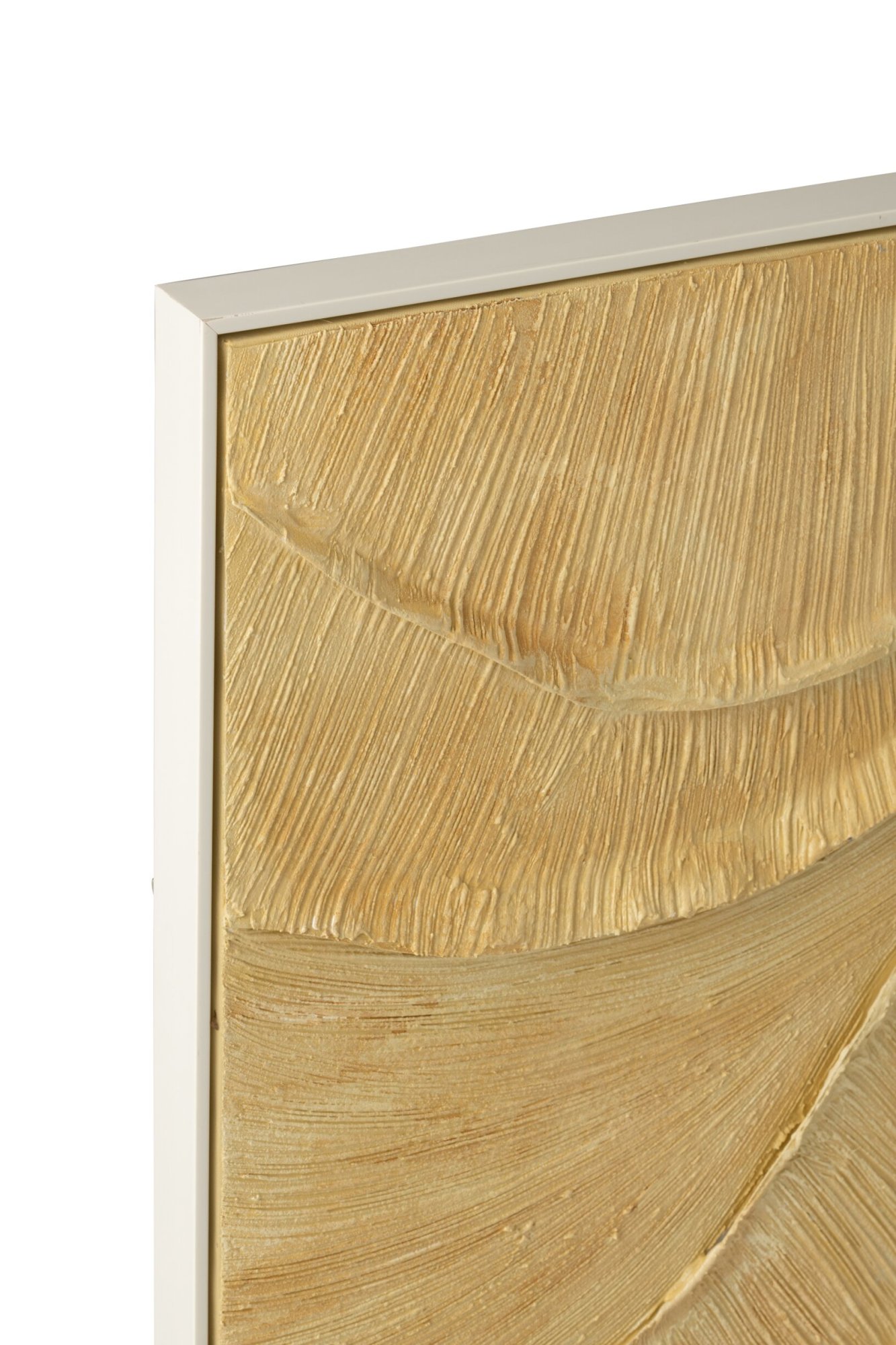 Schilderij Faukona Goud met goudkleurige, textuurrijke print en witte omlijsting voor een warme, elegante uitstraling