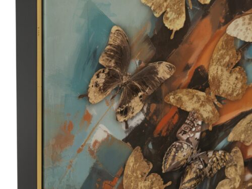 Schilderij Jator met vlinders in goud en bruin, meerkleurig acrylwandobject met zwart-gouden lijst