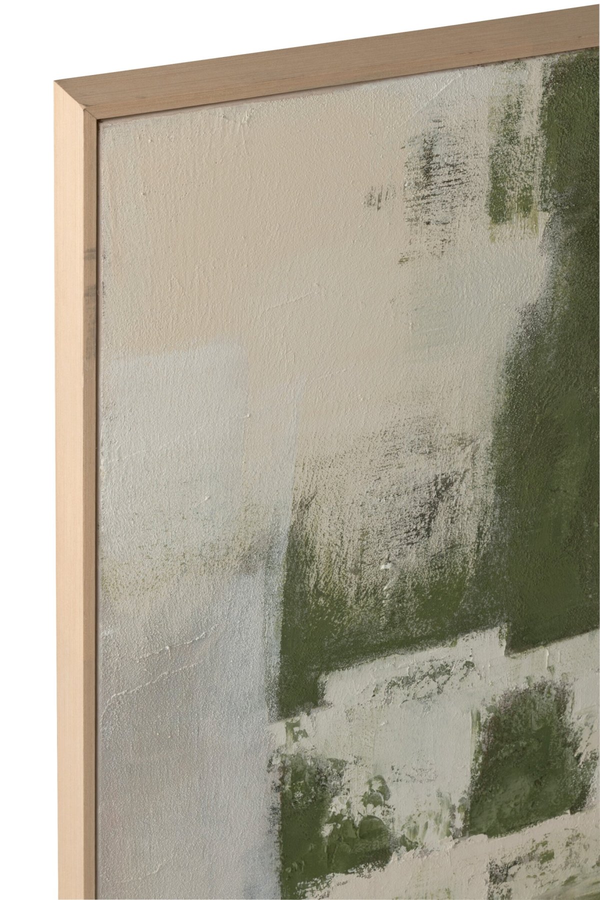 Schilderij Floommura Groen met abstracte khakigroene en off-white vlakken in houten lijst, modern en rustgevend