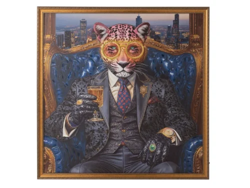 Schilderij Maaro Meerkleurig met luipaard in pak, bril en glas, vierkant LED-canvas van 124 x 124 cm