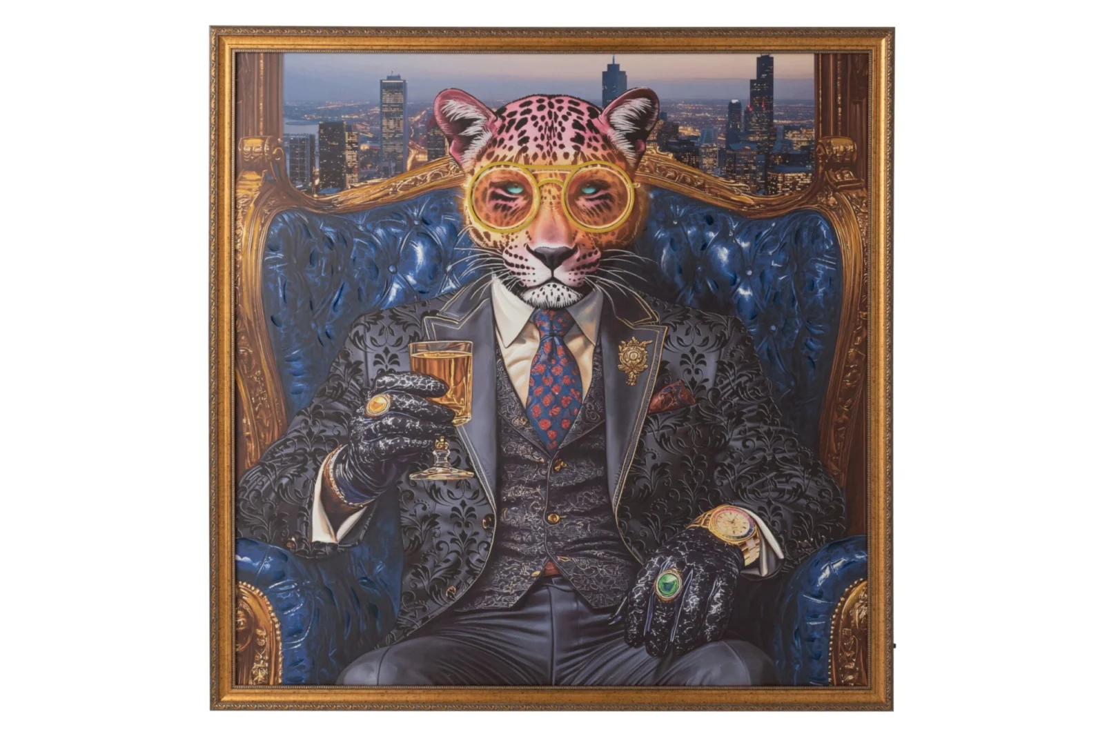 Schilderij Maaro Meerkleurig met luipaard in pak, bril en glas, vierkant LED-canvas van 124 x 124 cm