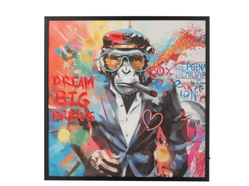 Schilderij Stolver Meerkleurig met vierkante lijst, graffiti-aap, felle kleuren en LED-verlichting