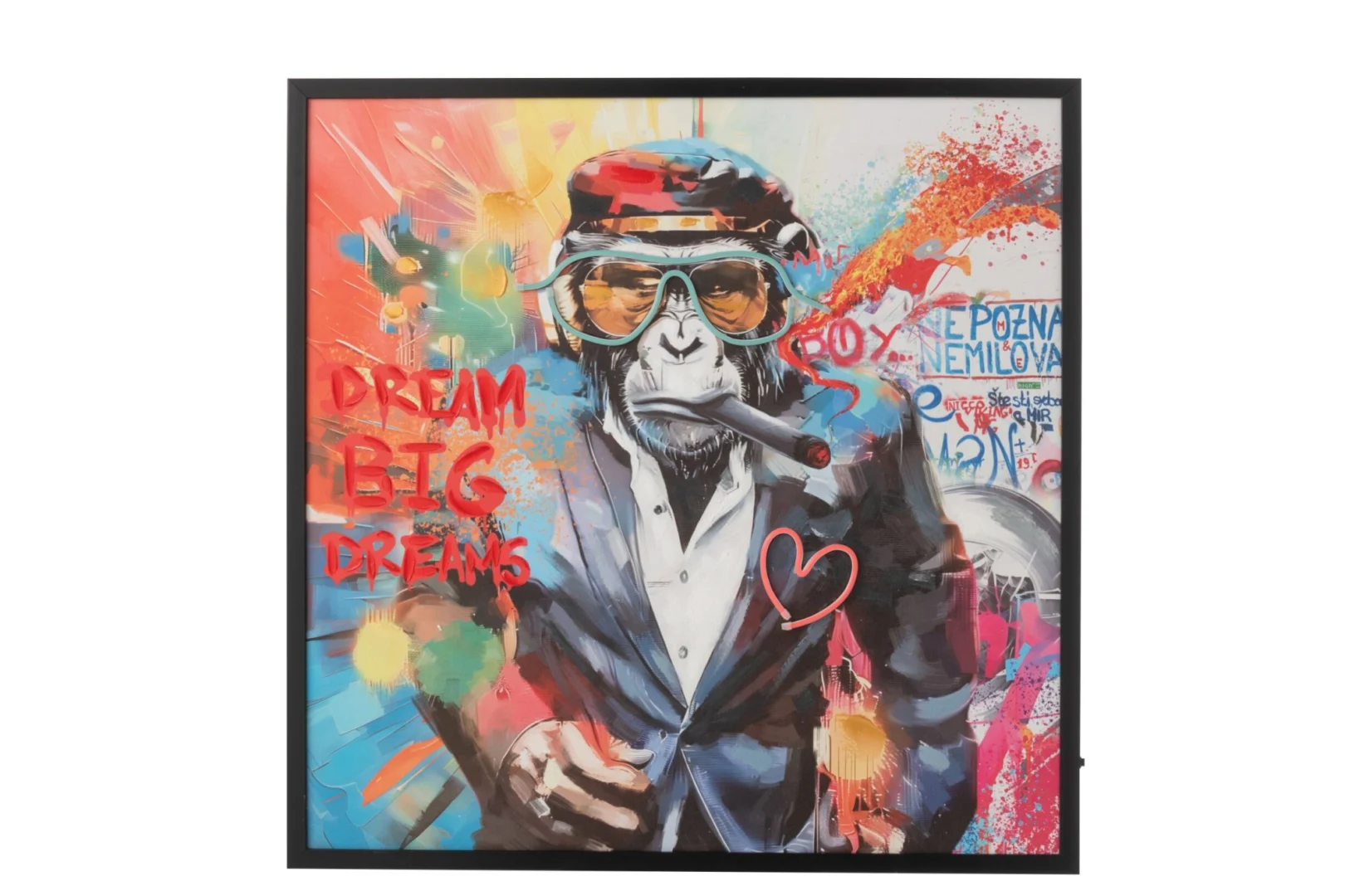 Schilderij Stolver Meerkleurig met vierkante lijst, graffiti-aap, felle kleuren en LED-verlichting