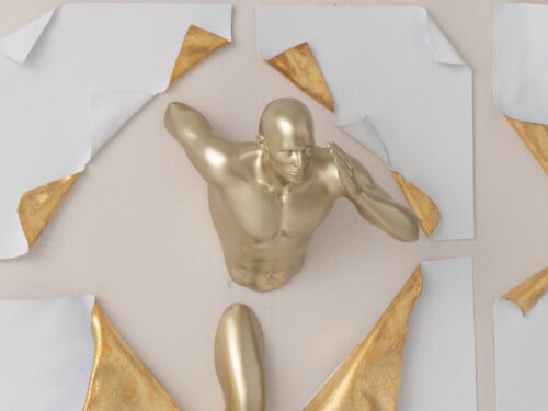 Schilderij Diloro Wit met goudaccenten en 3D figuur, kunstzinnige wanddecoratie voor een luxe interieur