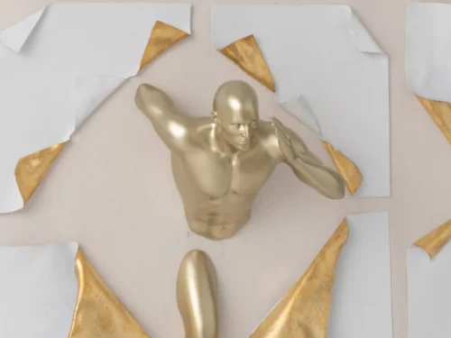 Schilderij Diloro Wit met goudaccenten en 3D figuur, kunstzinnige wanddecoratie voor een luxe interieur
