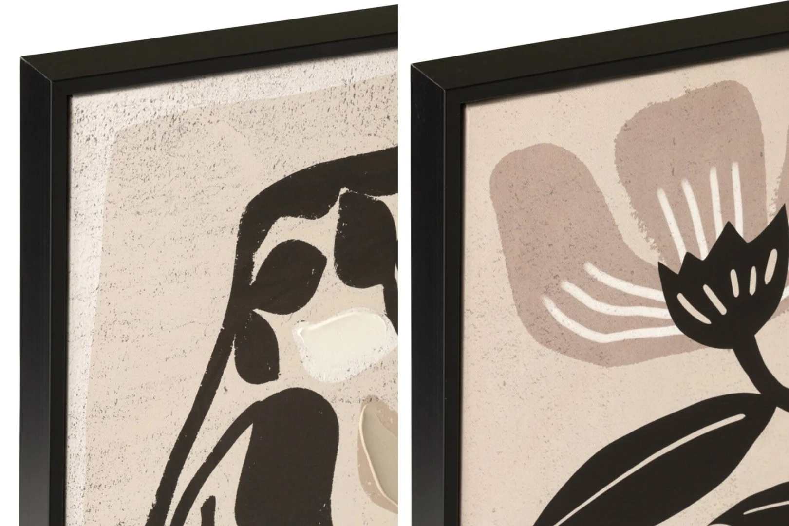Schilderij Greernund Wit set van 2 met abstracte bloemprints, zwart detail en off-white tinten in zwarte lijsten