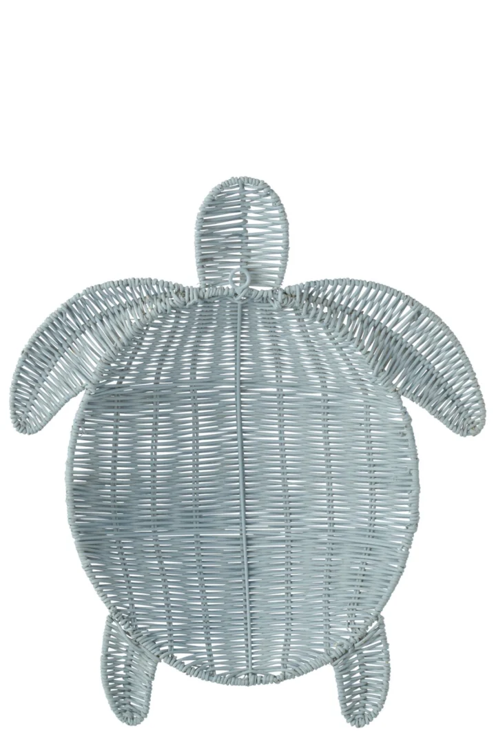 Wanddecoratie Kollura Blauw, lichtblauwe schildpadvormige muursculptuur van rotan en ijzer