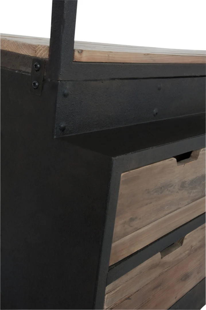 Rek Groontun Hout 160 cm met zwart ijzer en naturel houten planken, stevige laddervorm muurrek details