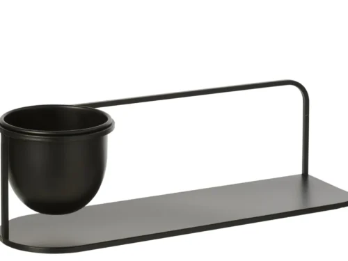 Wandrek Hollis Metaal 53 cm, zwart ijzer met strakke plank en decoratieve plantenhouder