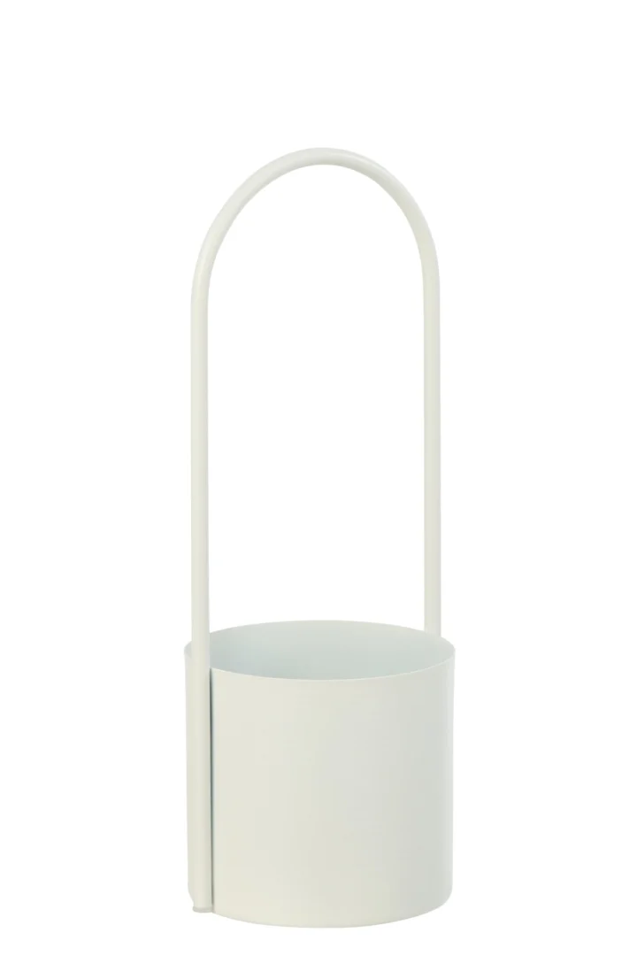 Witte metalen bloempot Rurira H42 cm met slanke vorm en hoge draagbeugel