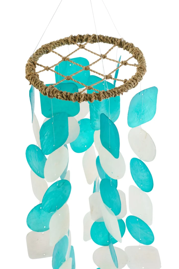Grildonte Lisa capiz decoratiehanger blauw met slanke hangers en natuurlijk touwdetail