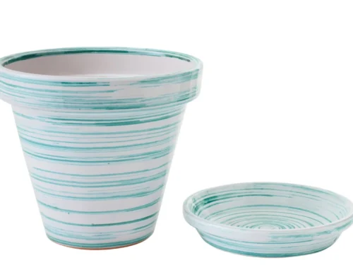 Bloempot Tausky keramiek groen met turquoise strepen, rond model H33 cm