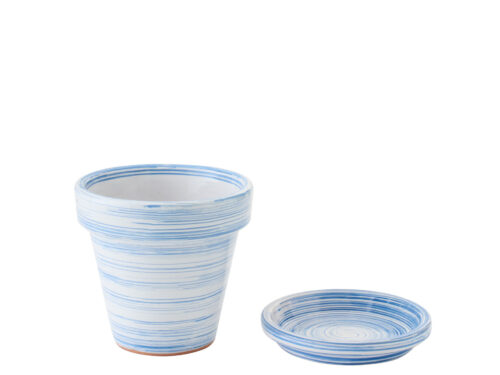 Bloempot Reennor keramiek blauw met schotel, gestreept design voor binnen, H19 cm